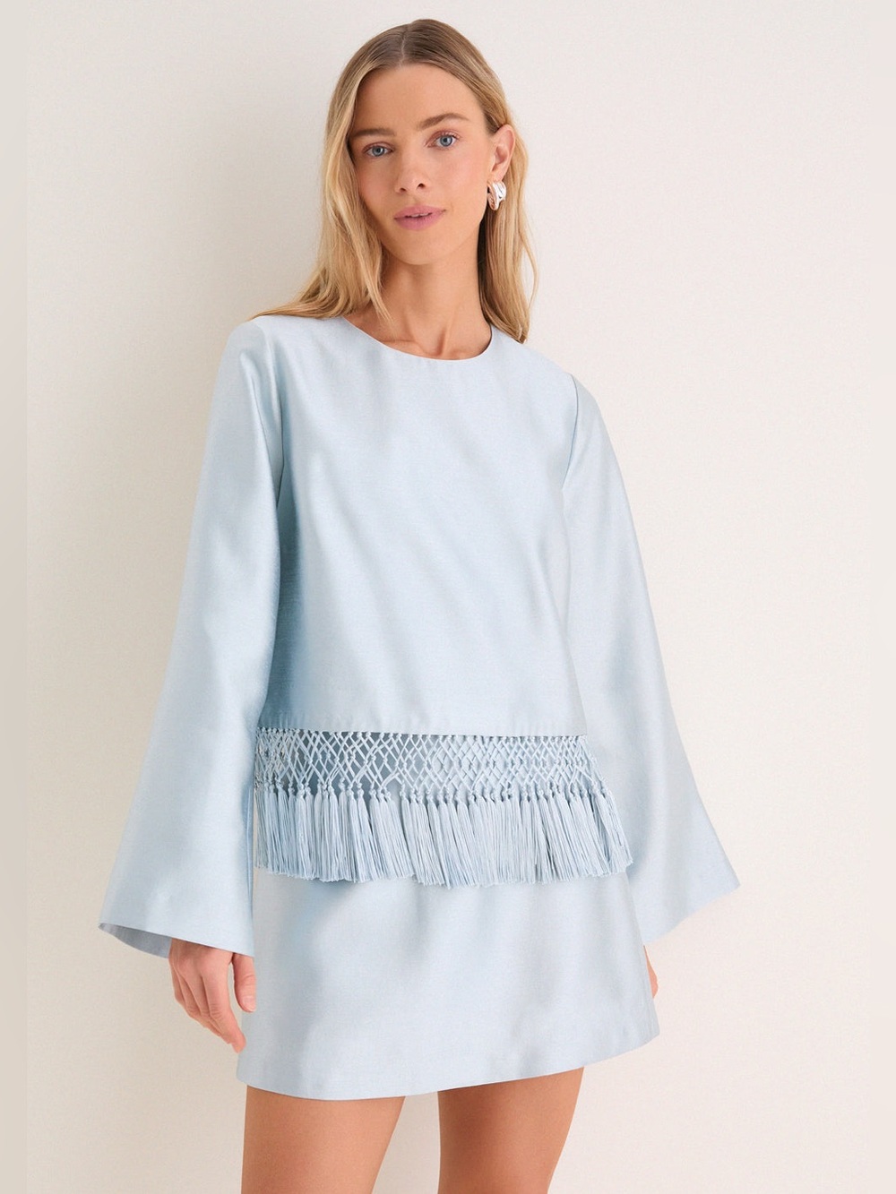 Tuckernuck Light Blue Fringe-Trim Blouse